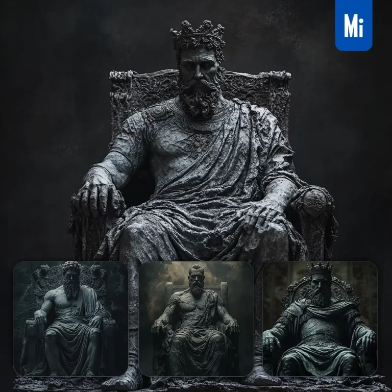 midjourney prompt king emperor throne sit dark portrait 3D sculpture