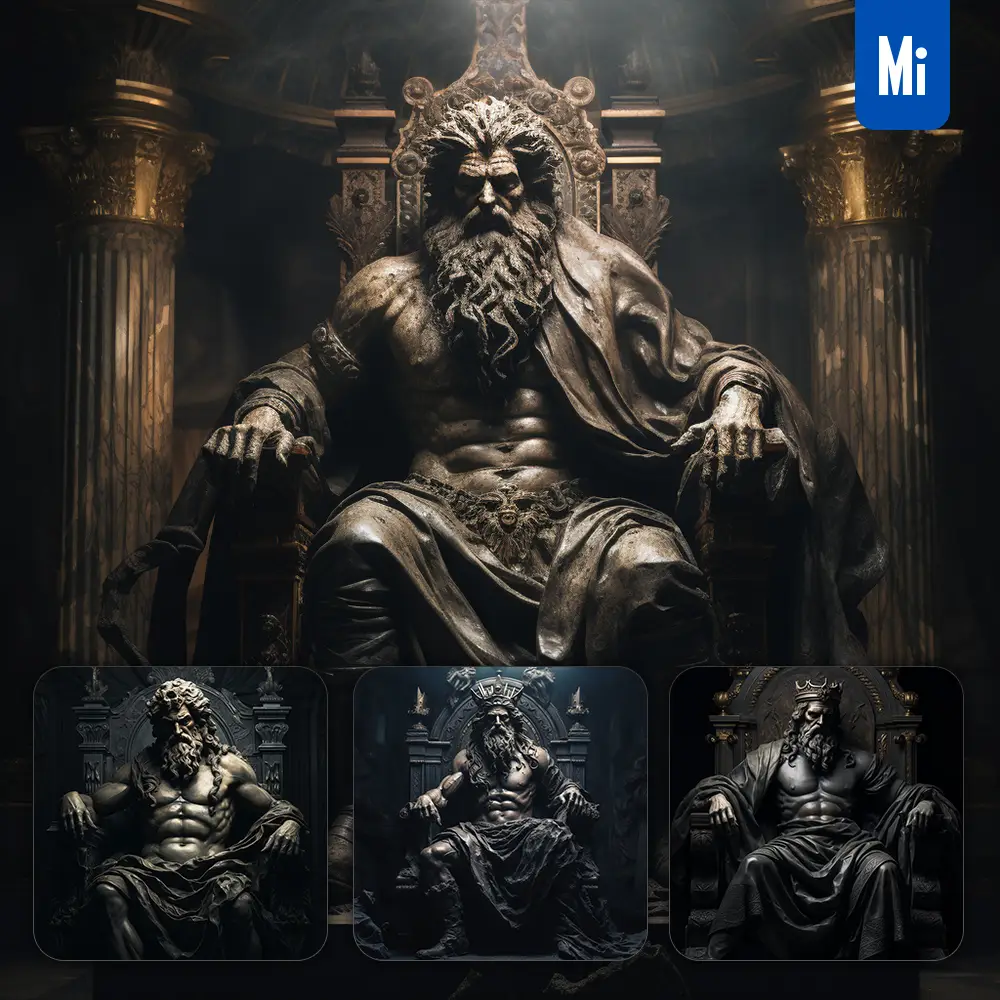 midjourney prompt king throne sit dark portrait 3D sculpture