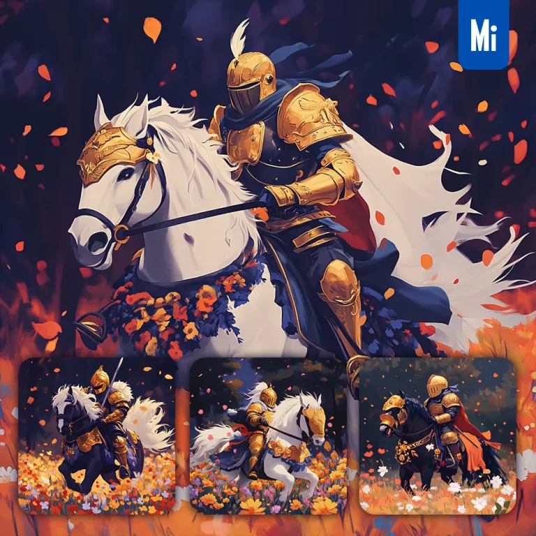 midjourney prompt knight horse meadow golden ride armor dashing illustration animation