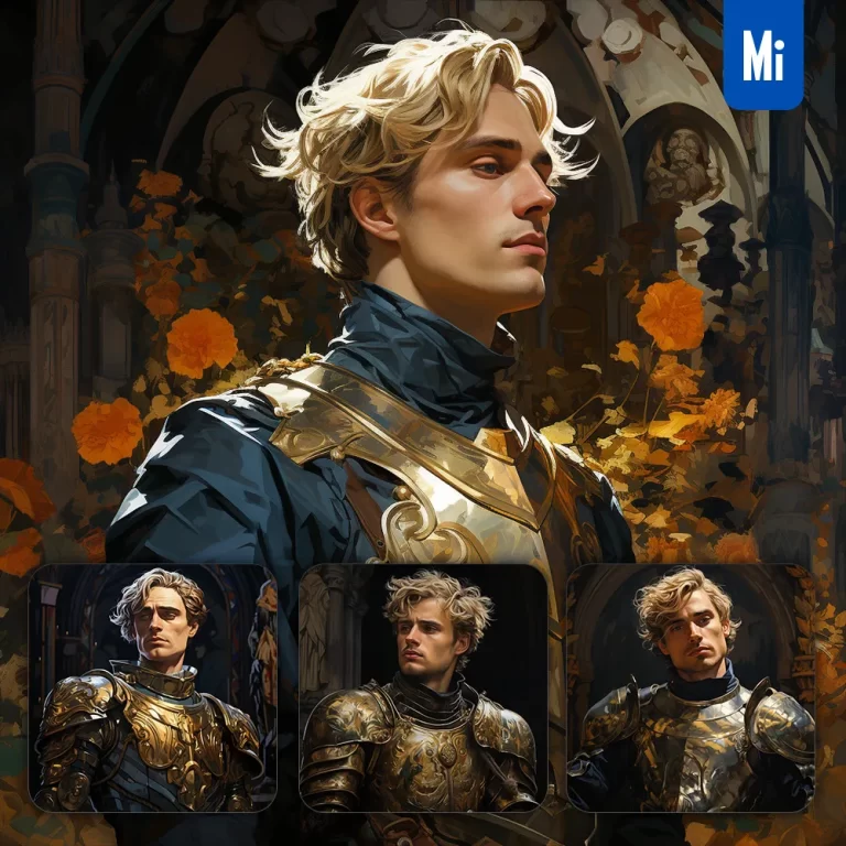 midjourney prompt knight man gold golden portrait armor dashing oil painting