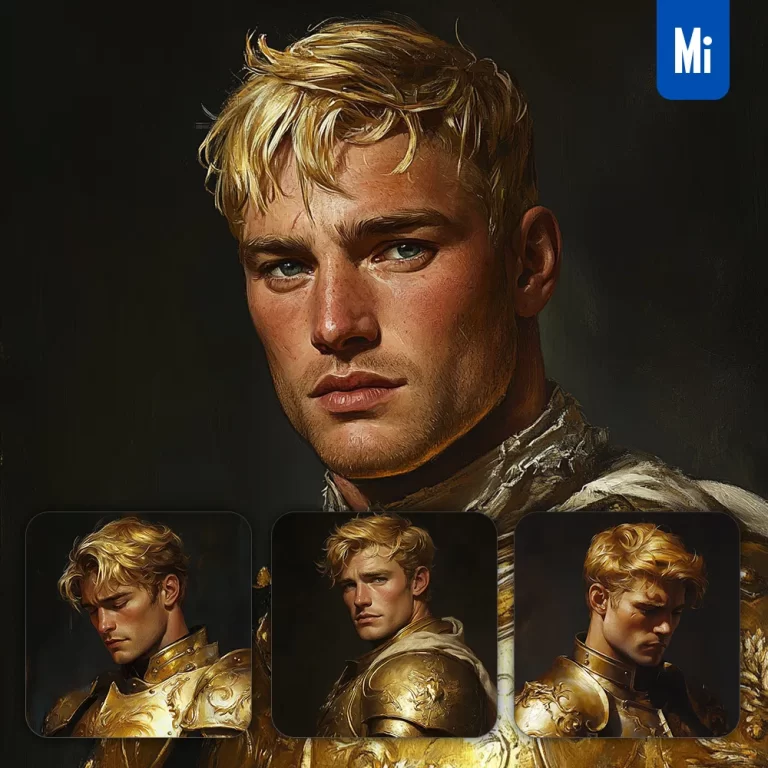 midjourney prompt knight man gold golden portrait armor oil painting