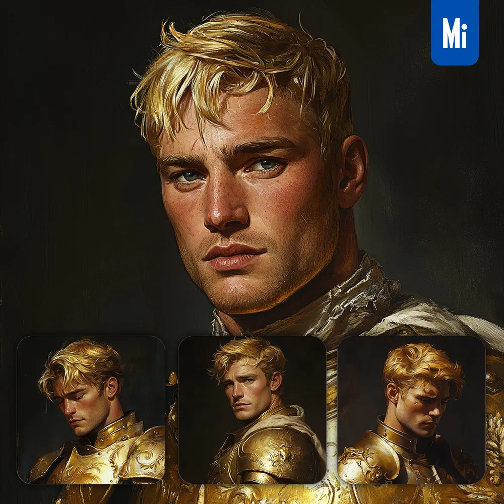 midjourney prompt knight man gold golden portrait armor oil painting