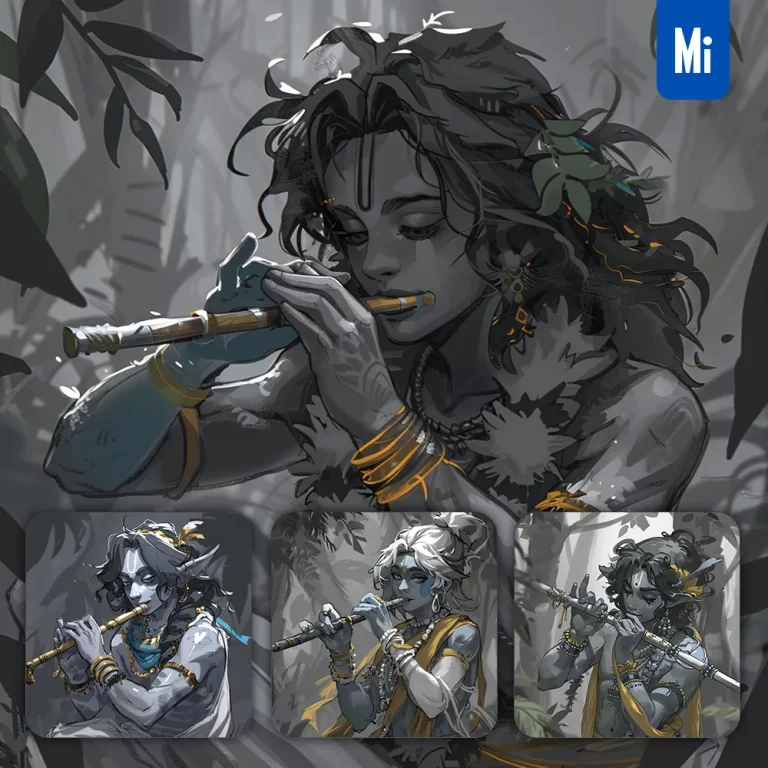 midjourney prompt krishna Indian flute Hinduism painting cartoon illustration