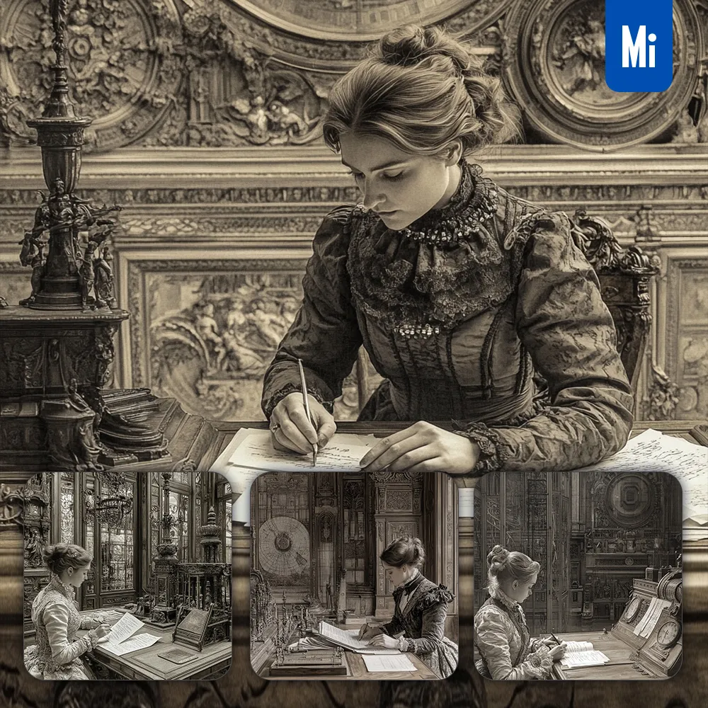 midjourney prompt lady woman write ancient drawing photography