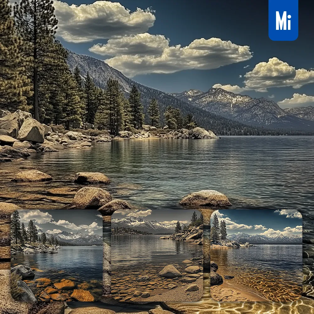 midjourney prompt lake water pine forest mountain peak dark sky landscape photography