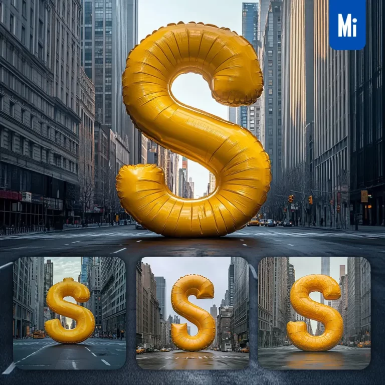 midjourney prompt letter S yellow street modern inflatable ball photography