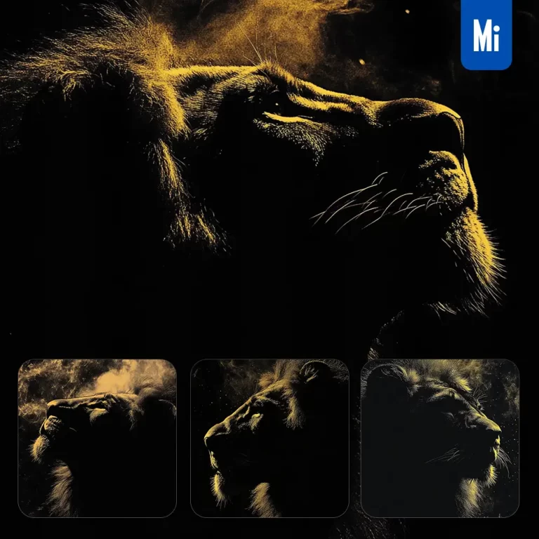midjourney prompt lion head face smoke dust dark black photography