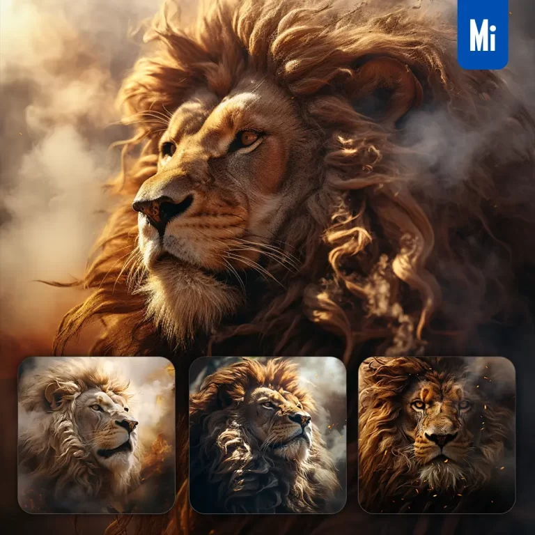 midjourney prompt lion head face smoke dust photography