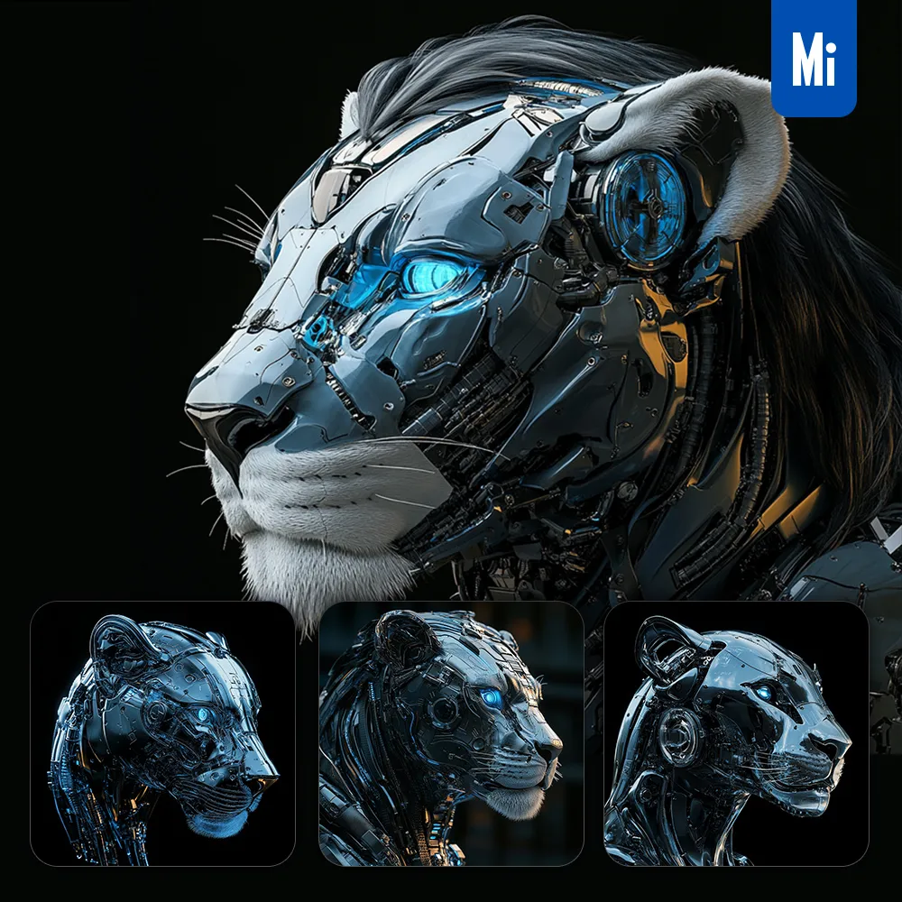 midjourney prompt lion robot head 3D mechanical photography