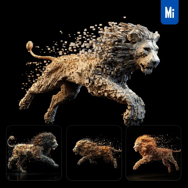 midjourney prompt lion running cube abstract 3D