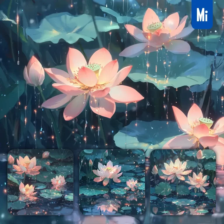 midjourney prompt lotus flower water drop illusion sparkling lake animation illustration