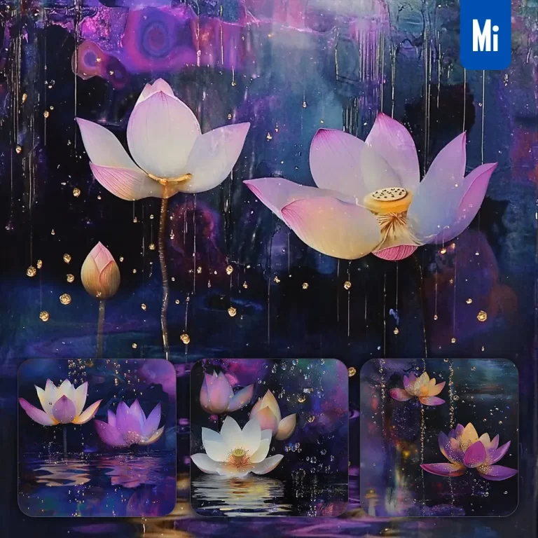 midjourney prompt lotus flower water drop illusion sparkling lake purple illustration