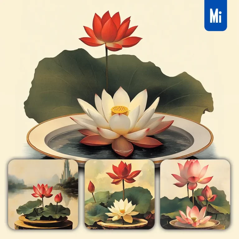 midjourney prompt lotus plate water watercolor painting realistic illustration