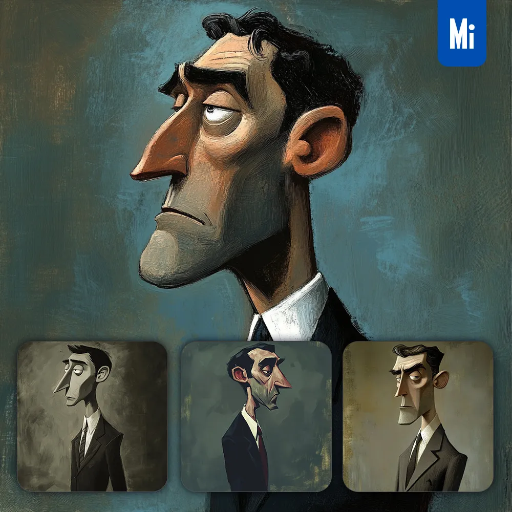 midjourney prompt male man manager suit distorted quirky animation portrait painting