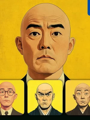 Midjourney Prompt Man Japanese Male Head Face Bald Yellow Illustration Painting