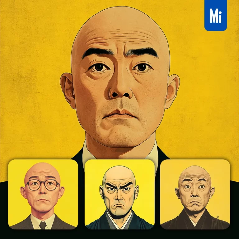 midjourney prompt man Japanese male head face bald yellow illustration painting