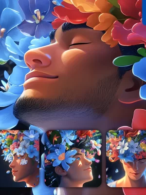 Midjourney Prompt Man Flower Head Face 3d Cartoon Headwear