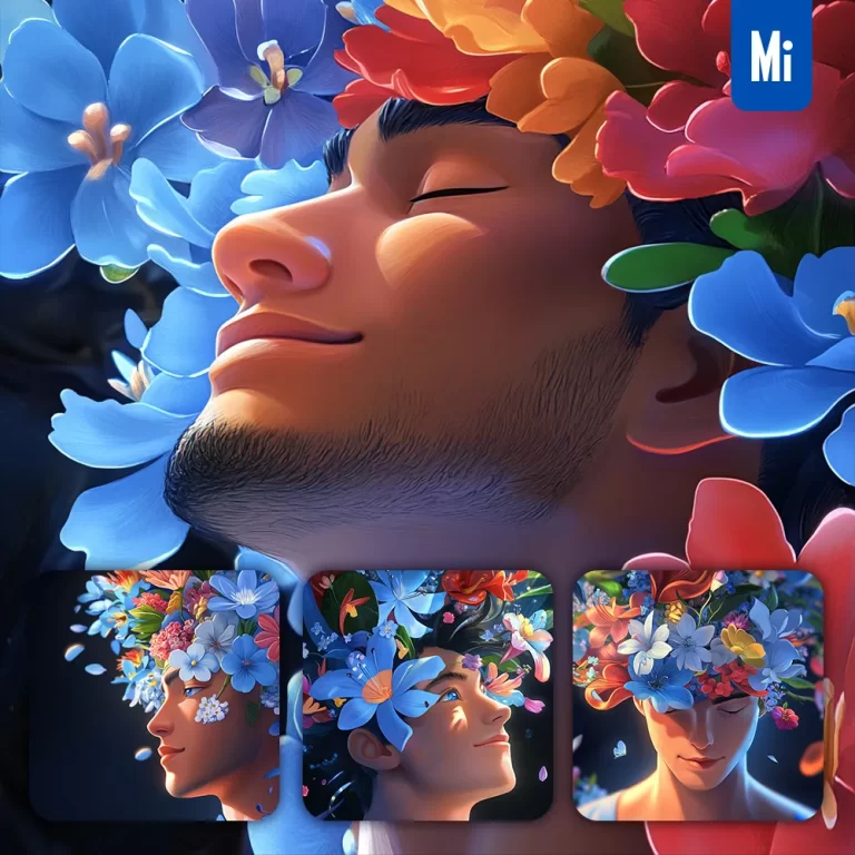 midjourney prompt man flower head face 3D cartoon headwear