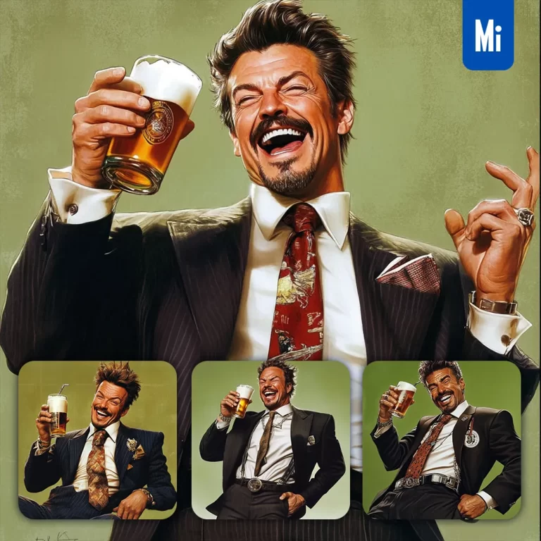 midjourney prompt man male suit happy laughter beer portrait illustration