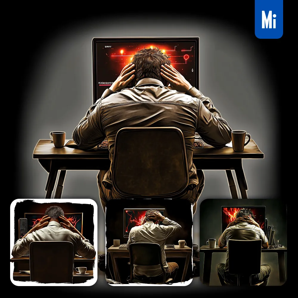 midjourney prompt man sitting desk working office computer screen overtime agitated mad illustration