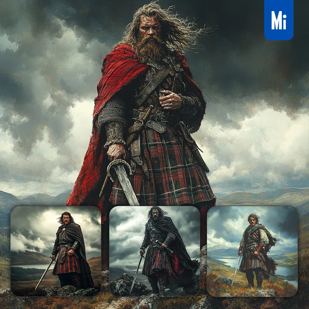 midjourney prompt man warrior sword hillside cloak Scottish painting