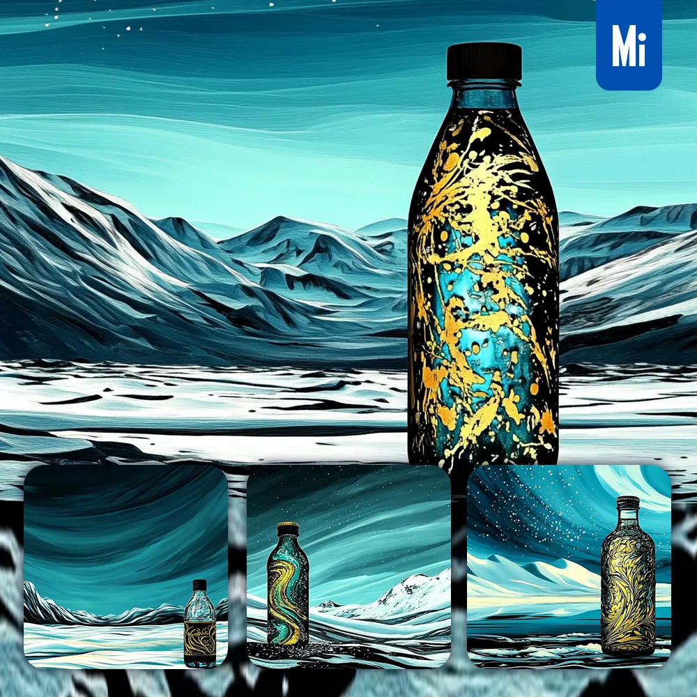 midjourney prompt mineral water bottle snow winter polar illustration