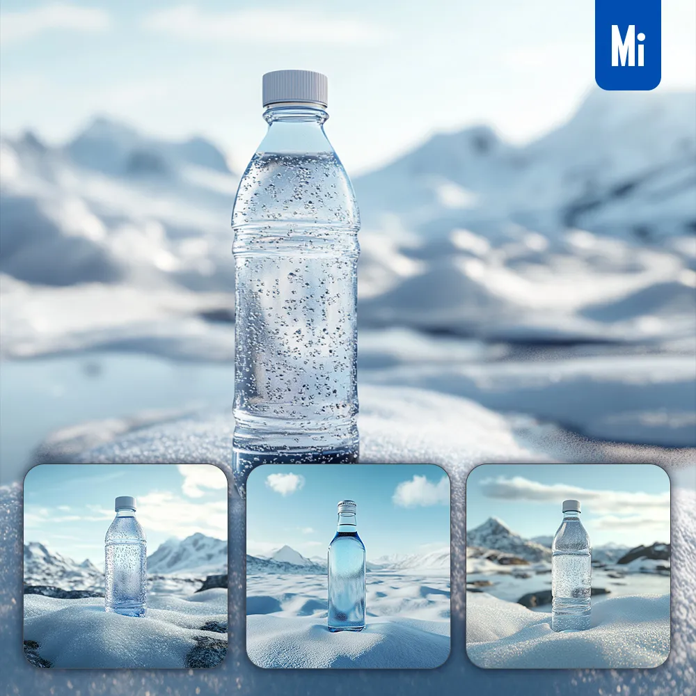 midjourney prompt mineral water bottle snow winter polar photography