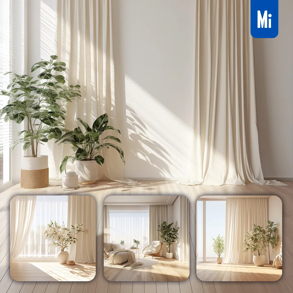midjourney prompt minimalist wall plant floor sunlight light window beige curtain interior design scene photography