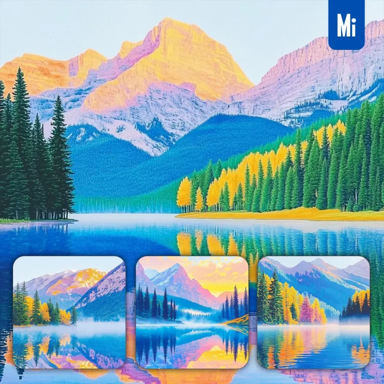 midjourney prompt mountain lake sunrise water morning tree colorful illustration