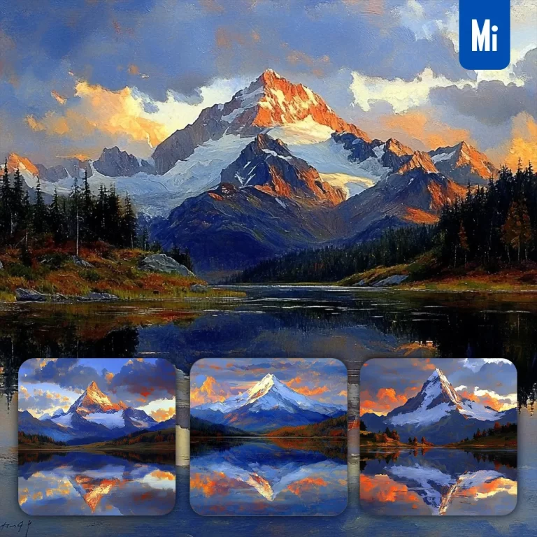midjourney prompt mountain landscape sunset lake forest sky peak oil painting