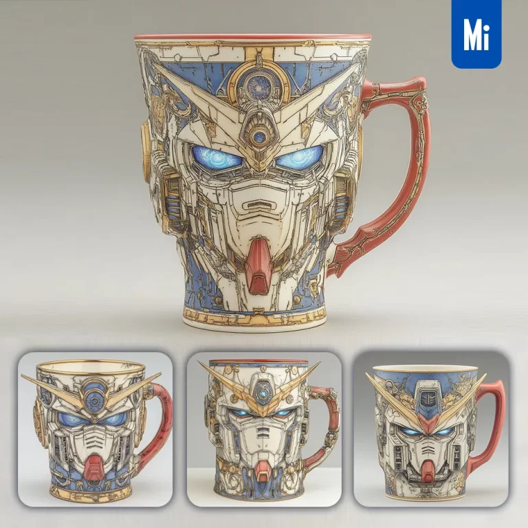midjourney prompt mug cup handle Gundam head drawing 3D photography