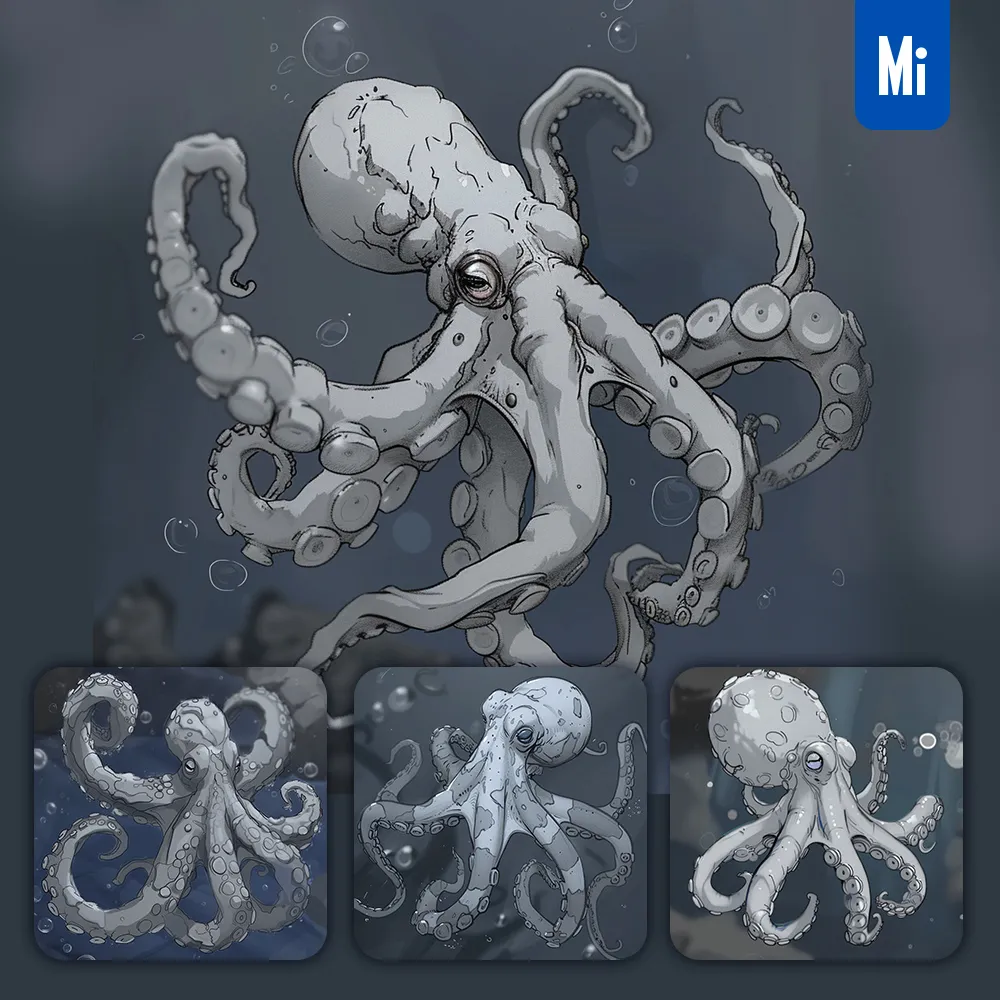 Midjourney Prompt Octopus Water Sea Swim Underwater Drawing Sketch Illustration