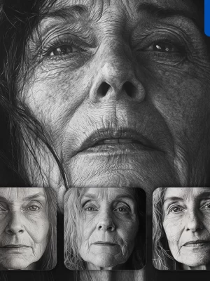 Midjourney Prompt Old Woman Female Head Face Black And White Drawing