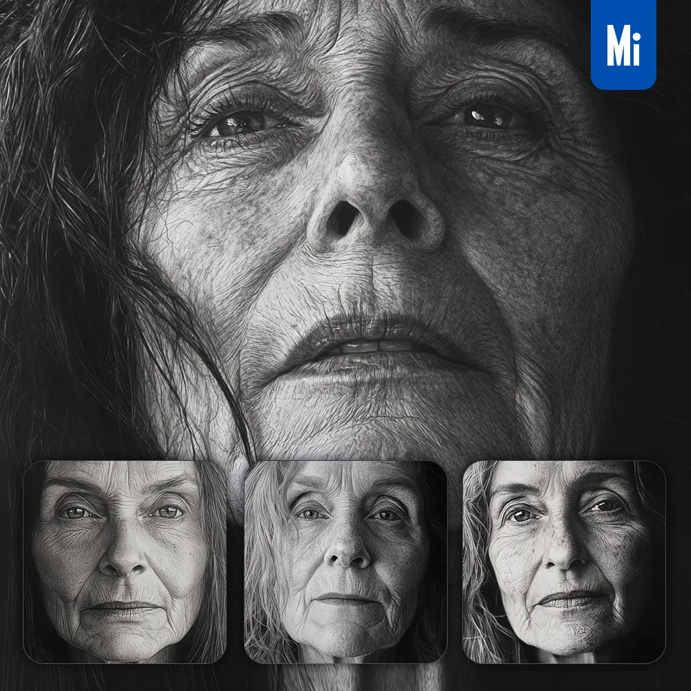 midjourney prompt old woman female head face black and white drawing