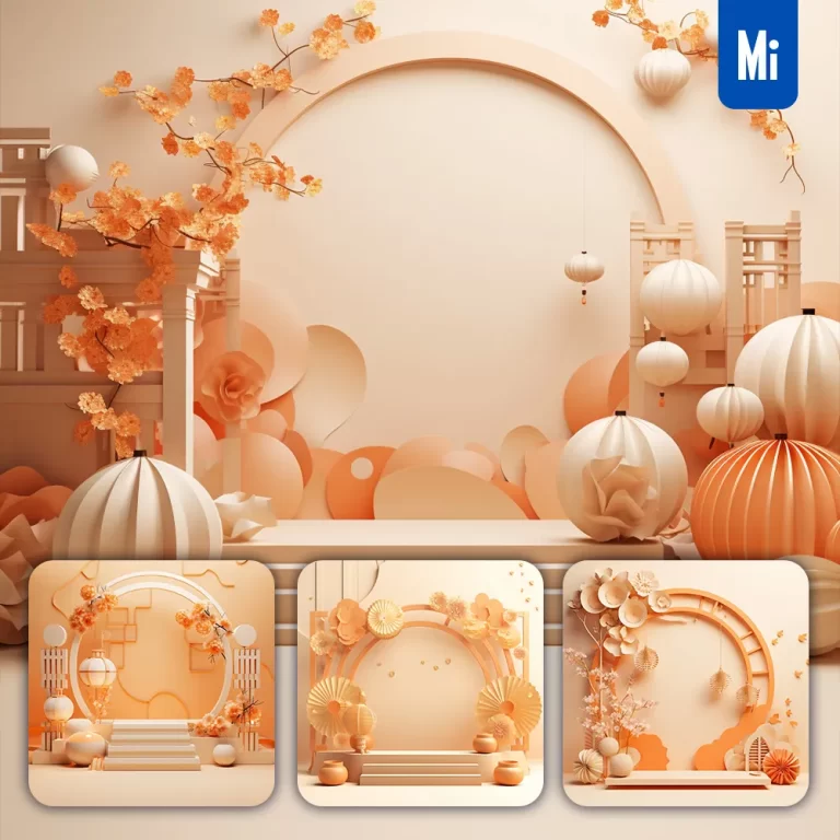 midjourney prompt orange stage Chinese New Year paper flower geometric 3D