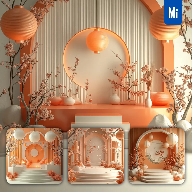 midjourney prompt orange stage Chinese New Year paper flower geometric 3D background