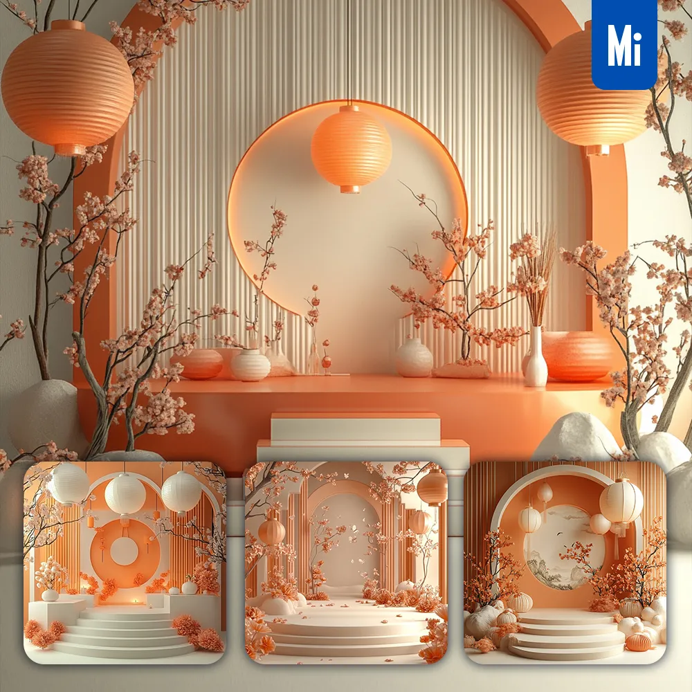 midjourney prompt orange stage Chinese New Year paper flower geometric 3D background