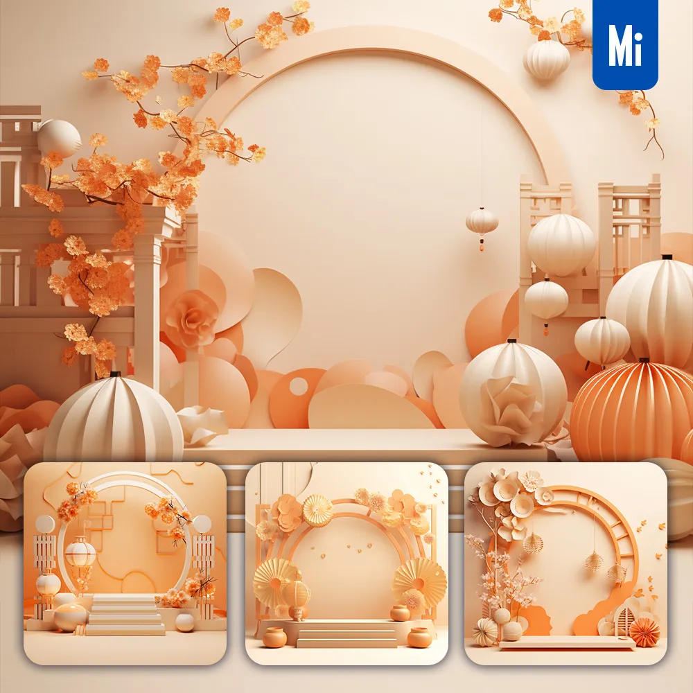 midjourney prompt orange stage Chinese New Year paper flower geometric 3D