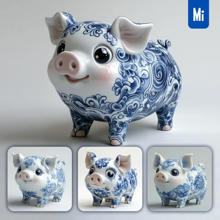 midjourney prompt pig cute Chinese porcelain pattern art animal 3D artwork