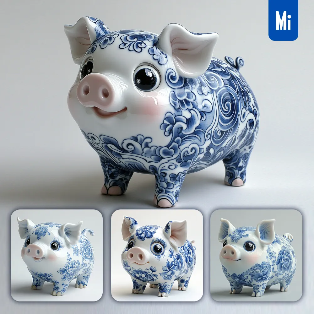 midjourney prompt pig cute Chinese porcelain pattern art animal 3D artwork