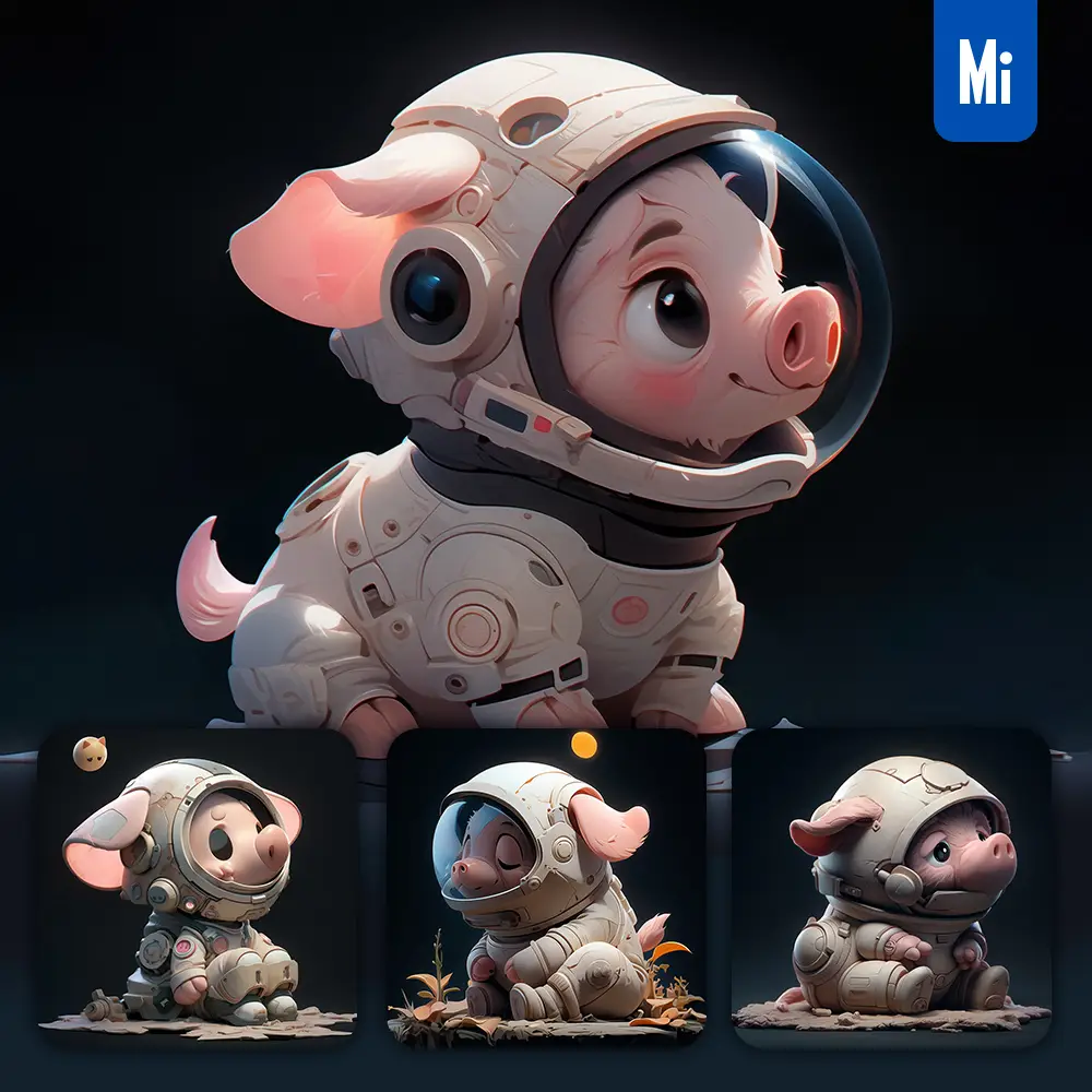 midjourney prompt pig sit white astronaut helmet spaceman 3D toy