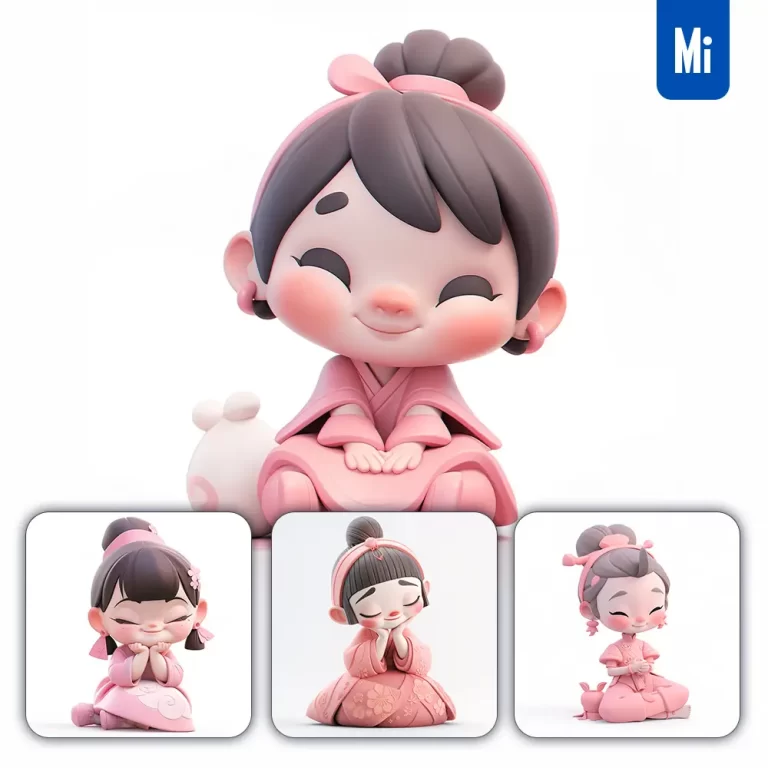 midjourney prompt pink cute little girl doll Chinese smile 3D sculpture cartoon