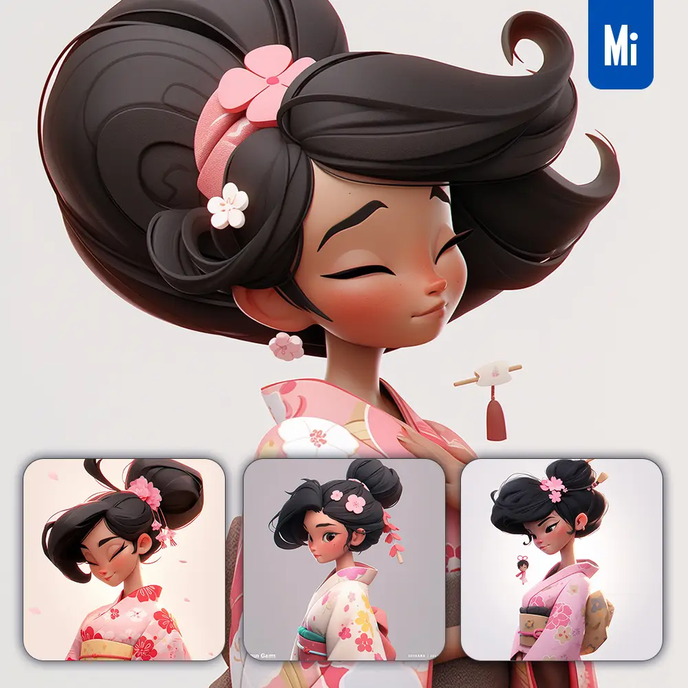 Midjourney Prompt Pink Girl Woman Female Sakura Kimono Portrait 3d Cartoon