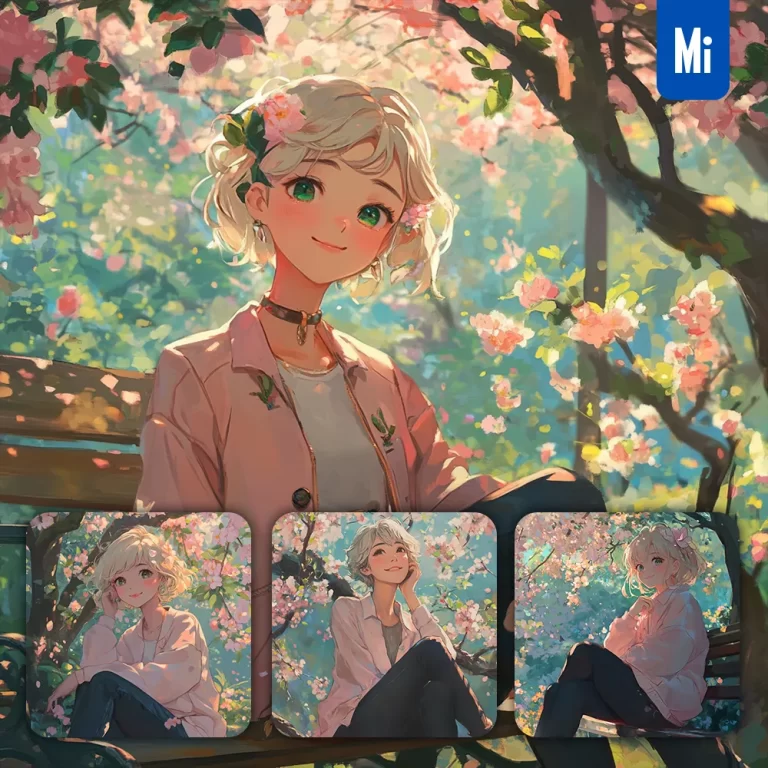 midjourney prompt pink girl woman jacket jeans blooming flowers park spring branches manga animation