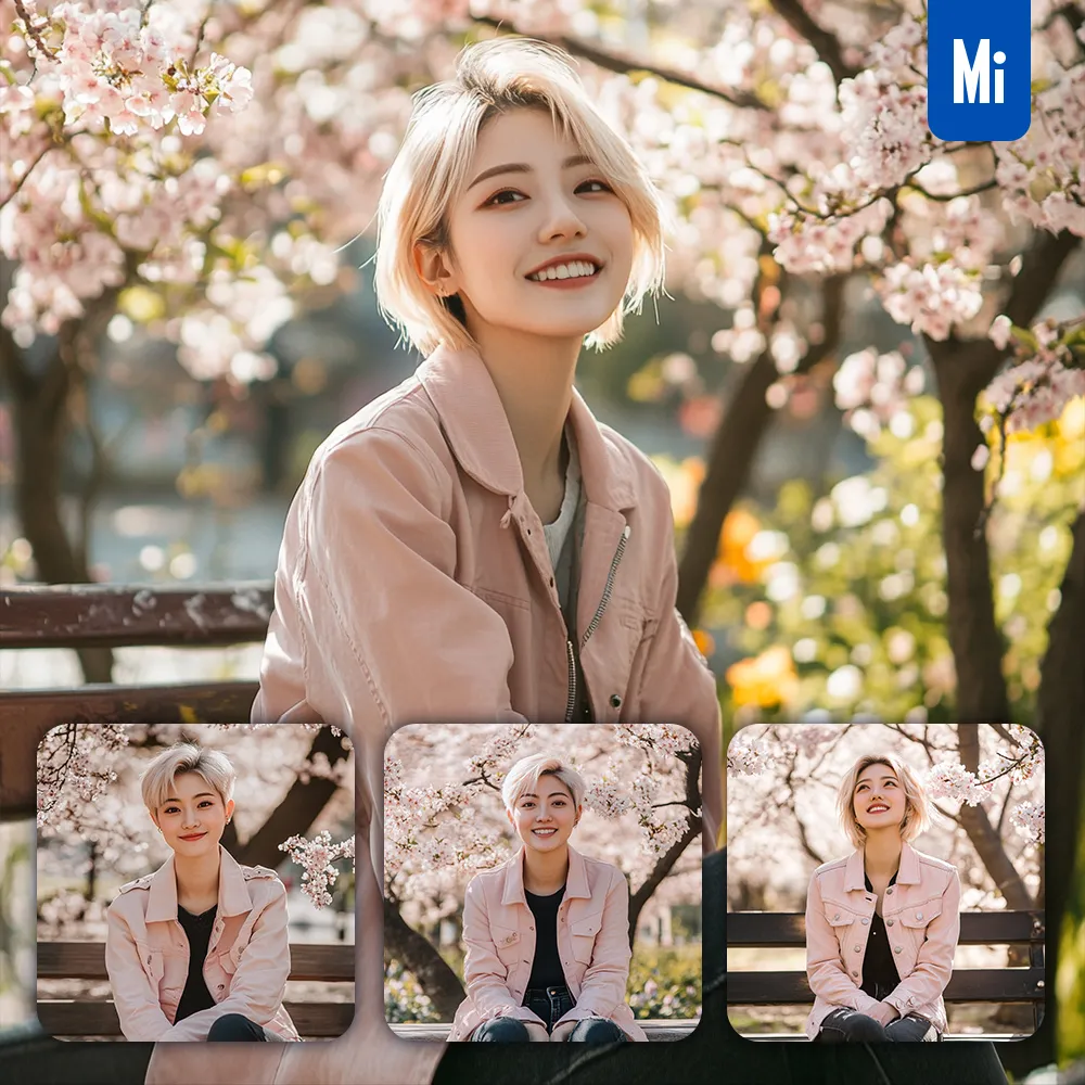 Midjourney Prompt Pink Girl Woman Jacket Jeans Blooming Flowers Park Spring Branches Photography