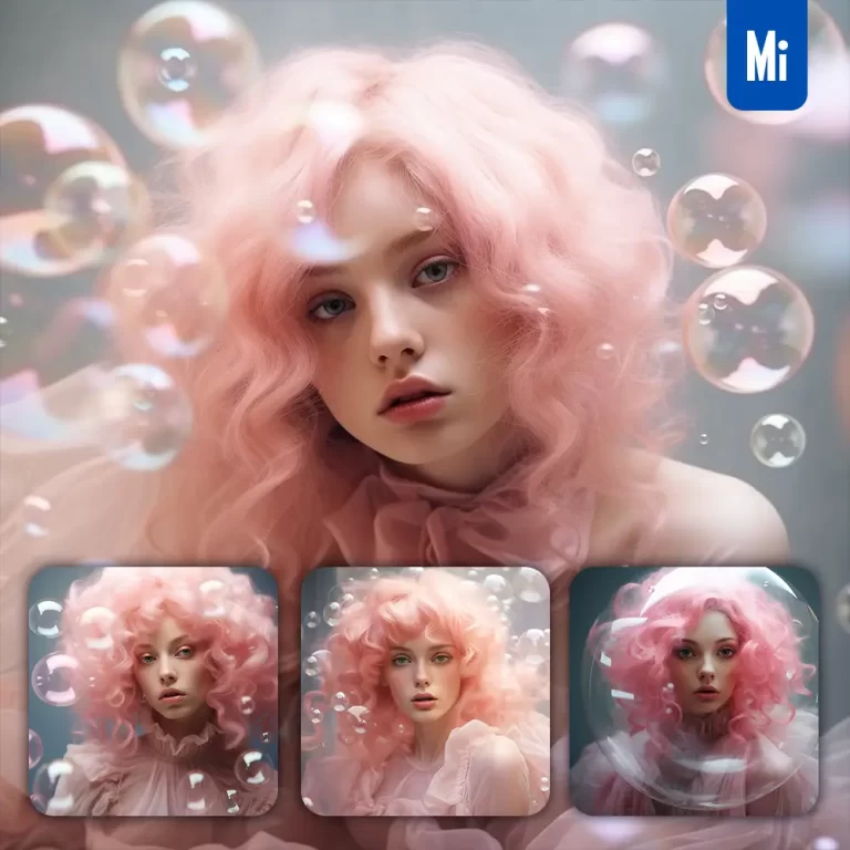 midjourney prompt pink hair woman girl bubble photography