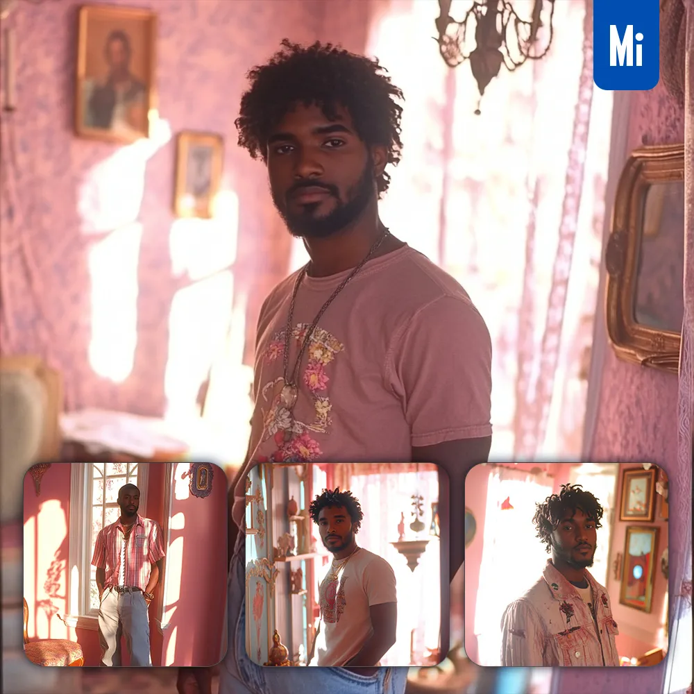 midjourney prompt pink man African male light sunshine room portrait photography