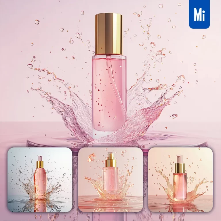midjourney prompt pink skin care bottle water splash 3D photography