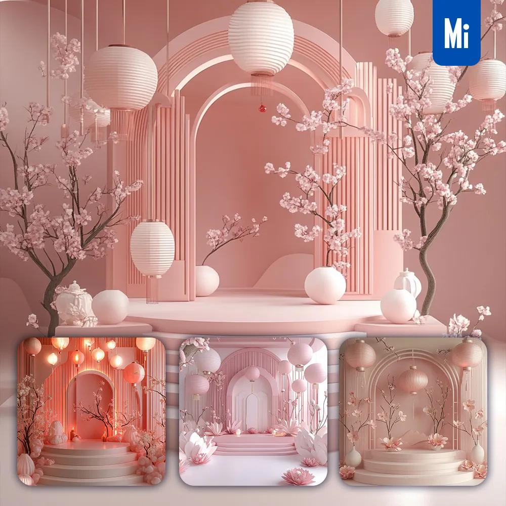 midjourney prompt pink stage Chinese New Year paper flower geometric 3D background