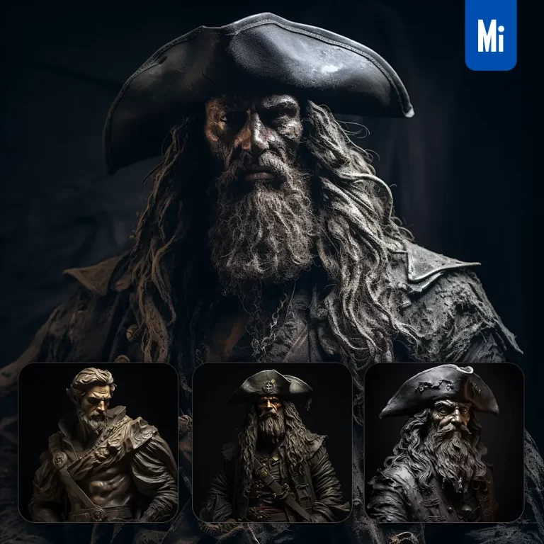 midjourney prompt pirate captain dark portrait 3D sculpture